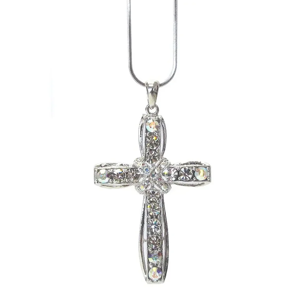 White Gold Plated Crystal Cross Necklace NEW Religious Spiritual Gift